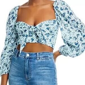 Bardot Blue Floral Linen Off The Shoulder Cropped Top Sz 2 NWT